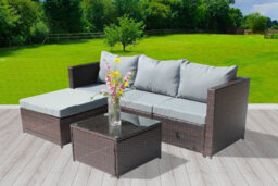 Birchtree Pe Rattan Garden Furniture Set L Shape Corner Sofa Chair Glass Coffee Table Ottoman 3 Seater Cushion Outdoor Patio Brown - thumbnail 1