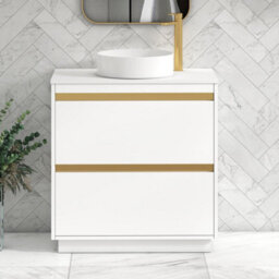 Royal Bathrooms Orion 800mm Matt White Floor Standing Plain White Countertop Vanity Unit 2 Drawer With Art Basin & Brushed Brass Accent Trim