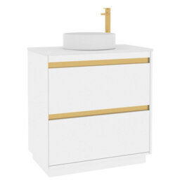 Royal Bathrooms Orion 800mm Matt White Floor Standing Plain White Countertop Vanity Unit 2 Drawer With Art Basin & Brushed Brass Accent Trim - thumbnail 6