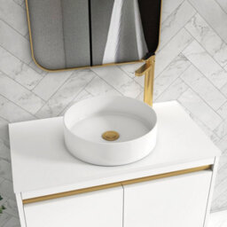 Royal Bathrooms Orion 800mm Matt White Floor Standing Plain White Countertop Vanity Unit 2 Drawer With Art Basin & Brushed Brass Accent Trim - thumbnail 5