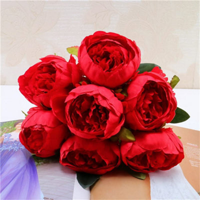 Artificial Silk Peony Bouquet Flowers Decoration 7 Heads Pink Blue Red White Artificial Fake Peonies Flowers Home Decor (Red) - image 1
