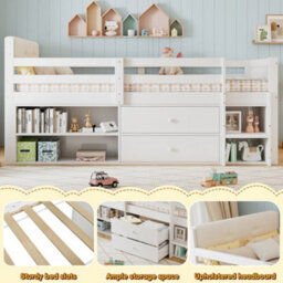 Abrihome 3Ft Kids Wooden Storage Bed 90X190Cm With Safety Guardrail, Two Drawers & Upholstered Headboard, White - thumbnail 2