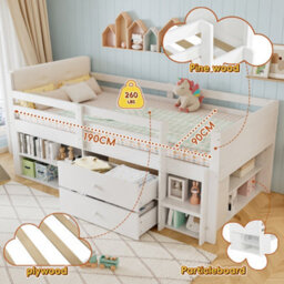 Abrihome 3Ft Kids Wooden Storage Bed 90X190Cm With Safety Guardrail, Two Drawers & Upholstered Headboard, White - thumbnail 3