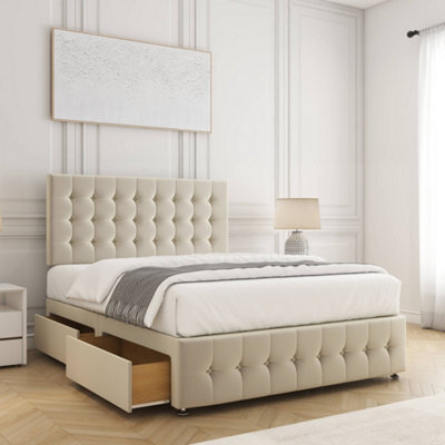 Bsspoke Eva Divan Bed Set Cream Velvet 24Inch Chesterfield Headboard & Footboard & 2 Drawers Same Side & Mattress In All Sizes - image 1