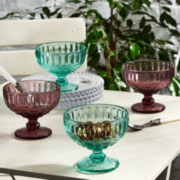Dibor Set Of 4 Vintage Turquoise Blue & Pink Glass Trifle Bowl And Dessert Bowls 300Ml