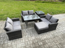 Fimous 7 Seater Rattan Wicker Garden Furniture Patio Conservatory Sofa Set With Rectangular Dining Table Side Table - thumbnail 2