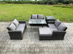 Fimous 7 Seater Rattan Wicker Garden Furniture Patio Conservatory Sofa Set With Rectangular Dining Table Side Table - thumbnail 1