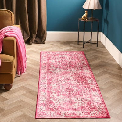 Ohs Vintage Print Washable Runner Rug Non Slip Area Floor Mat, Pink - 60 X 150Cm - image 1