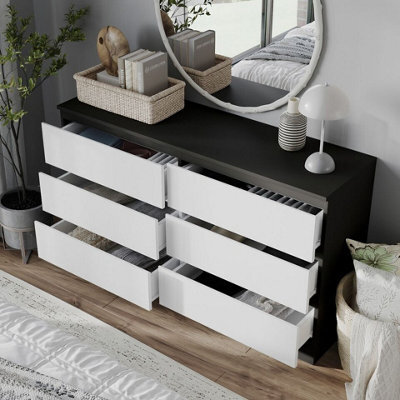 Urbn-Living Urbnliving 120Cm Width Black Wooden Chest Of White 6 Drawers Bedroom Furniture Storage Bedside Table Modern Cabinet - image 1