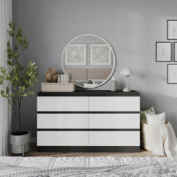 Urbn-Living Urbnliving 120Cm Width Black Wooden Chest Of White 6 Drawers Bedroom Furniture Storage Bedside Table Modern Cabinet - thumbnail 2