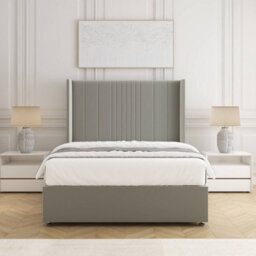 Bsspoke Charlotte Divan Bed Set Silver Plush Velvet 54Inch Wingedback Panel Headboard & Mattress No Drawers In All Sizes