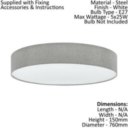 Elegant Flush Ceiling Light With Grey-White Fabric Shade And E27 Bulb Holder - thumbnail 2