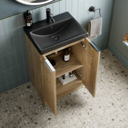 Affine 500mm Fluted Wood Floorstanding Vanity Unit Black Ceramic Basin Chrome Handle - thumbnail 3