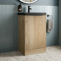 Affine 500mm Fluted Wood Floorstanding Vanity Unit Black Ceramic Basin Chrome Handle - thumbnail 2