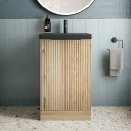 Affine 500mm Fluted Wood Floorstanding Vanity Unit Black Ceramic Basin Chrome Handle - thumbnail 1