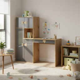 Index 11 Desk  Modern Laminated Office Desk Artisan Oak And Grey Gloss With Cabinets And Handles