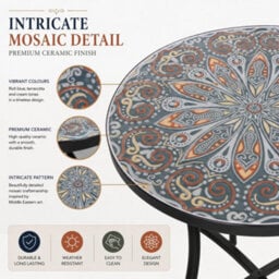 Shatchi Outdoor Mosaic Bistro Set With Ceramic Table And 2 Folding Chairs For Patio Balcony And Garden Seating - thumbnail 2