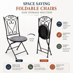 Shatchi Outdoor Mosaic Bistro Set With Ceramic Table And 2 Folding Chairs For Patio Balcony And Garden Seating - thumbnail 3