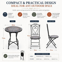 Shatchi Outdoor Mosaic Bistro Set With Ceramic Table And 2 Folding Chairs For Patio Balcony And Garden Seating - thumbnail 5
