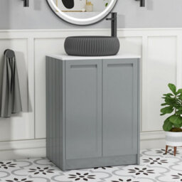 Royal Bathrooms Royal Bathroom Elmore 600mm Matt Pebble Grey Freestanding Bathroom Vanity Unit 2 Door Plain White Worktop With Milan Black Basin - thumbnail 1