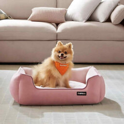 Washable Linen Look Pet Bed With Raised Edges And Non-Slip Base, Dog Sofa Bed, Jelly Pink - thumbnail 1