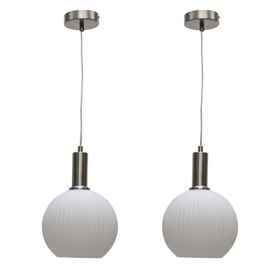 First Choice Lighting Set Of 2 Betchley - White Ribbed Globe Satin Nickel Deco Pendants - image 1
