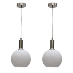 First Choice Lighting Set Of 2 Betchley - White Ribbed Globe Satin Nickel Deco Pendants - thumbnail 1