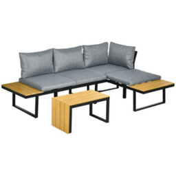 Outsunny 3Pcs Patio Furniture Set W/ Cushions, Wood Grain Plastic Top Table - thumbnail 2