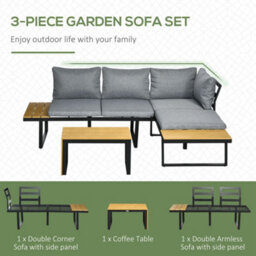 Outsunny 3Pcs Patio Furniture Set W/ Cushions, Wood Grain Plastic Top Table - thumbnail 4