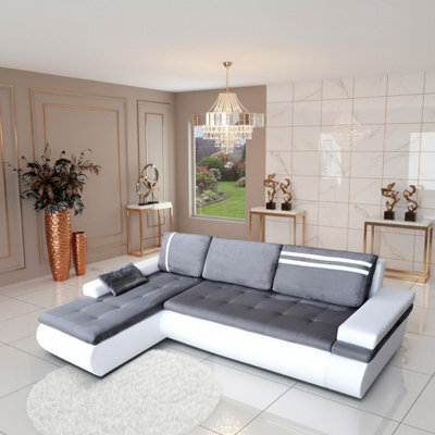 Oslo Convertible Living Room Corner Sofa Bed With Storage Hr Foam Wave Springs Chipboard 300X182X90Cm Light Grey And White Left - image 1