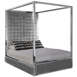Orsina Grey Velvet Bed,statement Canopy Bed With Tufted Headboard,silver Finish Bed Set With Stainless Steel Frame - thumbnail 2
