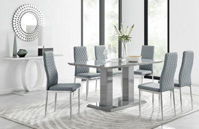 Furniturebox Imperia Grey High Gloss 6 Seater Dining Table With Structural 2 Plinth Column Legs 6 Grey Stitched Faux Leather Milan Chairs - image 1