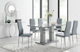 Furniturebox Imperia Grey High Gloss 6 Seater Dining Table With Structural 2 Plinth Column Legs 6 Grey Stitched Faux Leather Milan Chairs