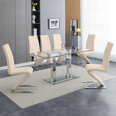 Furniture In Fashion Jet Large Clear Glass Dining Table With 6 Demi Z Taupe Chairs - image 1