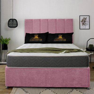 UKBEDFURNITURE Savannah Pink Plush  Divan Bed Base With 26 Inch Headboard - No Storage - image 1