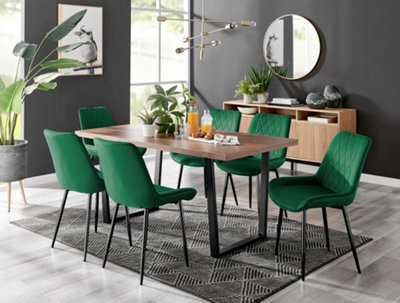 Furniturebox Kylo Brown Rectangular Wood Effect Dining Table & 6 Green Velvet Pesaro Black Leg Chairs - image 1