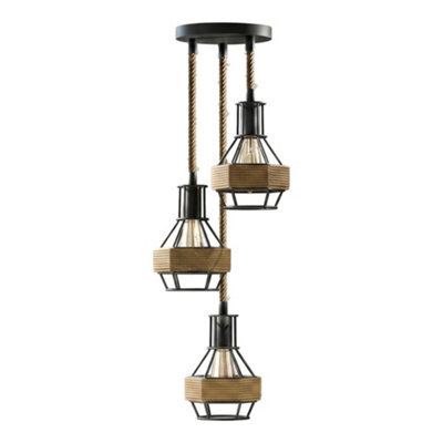 Black Round E27 3-Way Hemp Cage Ceiling Light Living Room Bedroom Kitchen Hallway - image 1