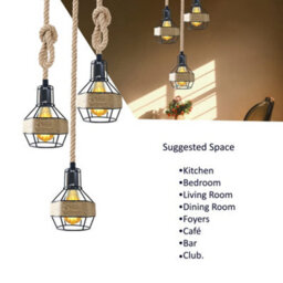 Black Round E27 3-Way Hemp Cage Ceiling Light Living Room Bedroom Kitchen Hallway - thumbnail 6