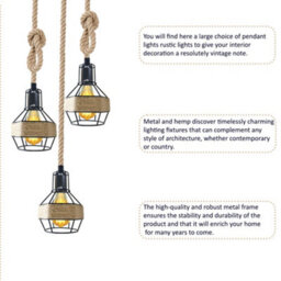 Black Round E27 3-Way Hemp Cage Ceiling Light Living Room Bedroom Kitchen Hallway - thumbnail 5