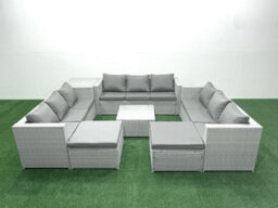 Fimous Rattan Garden Outdoor Furniture Set 11 Seater Rattan Garden Sofa Set 2 Big Stools Side Table Light Grey - thumbnail 1