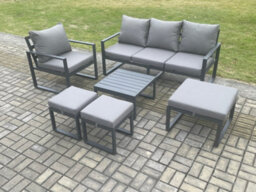 Fimous Aluminium Outdoor Garden Furniture Set Lounge Sofa Chair Square Coffee Table Sets With 3 Footstools Dark Grey - thumbnail 1