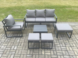 Fimous Aluminium Outdoor Garden Furniture Set Lounge Sofa Chair Square Coffee Table Sets With 3 Footstools Dark Grey - thumbnail 2