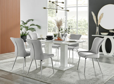 Furniturebox Imperia White High Gloss 6 Seater Dining Table With Structural 2 Plinth Column Legs 6 Light Grey Velvet Silver Leg Nora Chairs - image 1