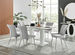 Furniturebox Imperia White High Gloss 6 Seater Dining Table With Structural 2 Plinth Column Legs 6 Light Grey Velvet Silver Leg Nora Chairs - thumbnail 1