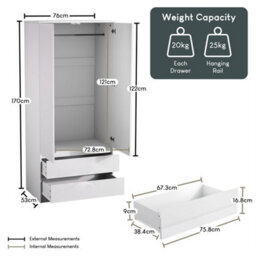 Gloss Wardrobe Cabinet Organizer Clothes Storage Mdf Bedroom Furniture 2 Door 2 Drawer, White - thumbnail 2