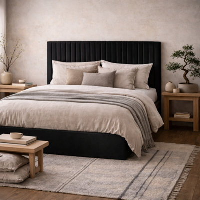 Wyld Haus Dublin Black Velvet 6Ft Super King Ottoman Bed With Tall Ribbed Headboard - image 1