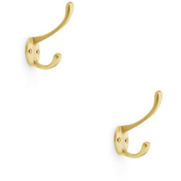 Loops 2 Pack - Solid Brass Victorian Hat & Coat Hook - Wall Mounted Holder - Satin Brass