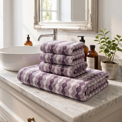 Living And Home 4 Pack Polyester Towel Set Purple Zigzag Wave Stripe Soft Absorbent Hanging Loop Bathroom Towel Kit - image 1