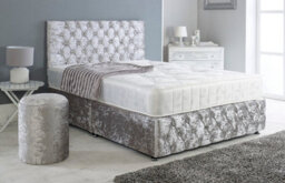 Adore Designs Chesterfield Crushed Velvet Divan Bed, Ortho Mattress, Footboard & Round Stool - 4Ft Small Double - Silver - 2 Drawers Left Side - thumbnail 1
