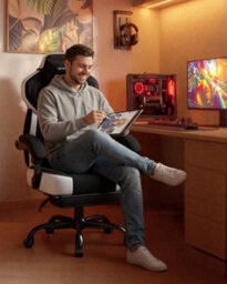 Luckracer Fabric Gaming Chair With Footrest, Ergonomic Computer Desk Chair With Pocket Spring Cushion Home Office Chair, Black - thumbnail 2